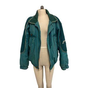 Double Park Vintage Teal Bomber Jacket With Corduroy Accents & Button Details